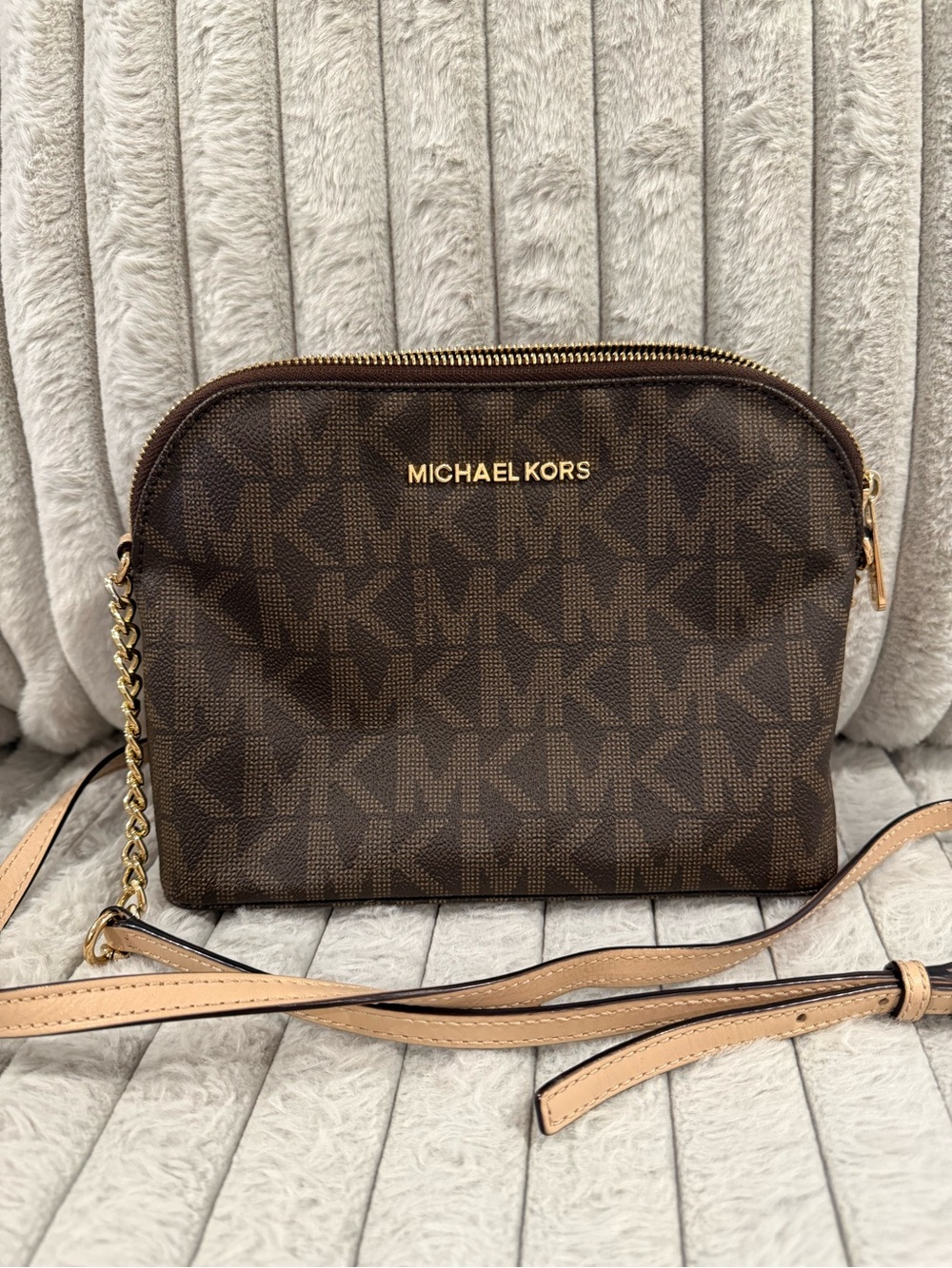MICHAEL KORS Brown Signature Logo Crossbody with Gold Hardware